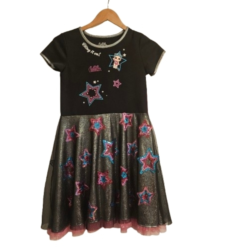 LOL Surprise Doll Bling It On Black Pink Star Glitter Sequin Dress Short Sleeve